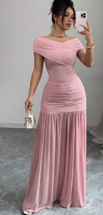 Elegant Pink Cross Off Shoulder Ruched Evening Gown Party Dress DP8582
