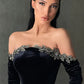 Vintage Black Sheath Velvet Prom Dress Off-the-shoulder Evening Gown High Slit Party Dress Long Formal Dress DP6835