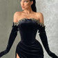 Vintage Black Sheath Velvet Prom Dress Off-the-shoulder Evening Gown High Slit Party Dress Long Formal Dress DP6835