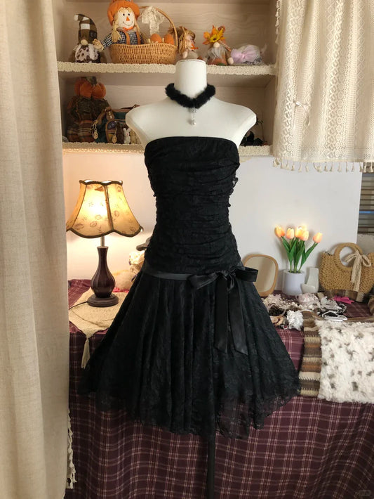 Vintage Black Strapless Lace Ruched Bodice A-Line Homecoming Dress DP8492