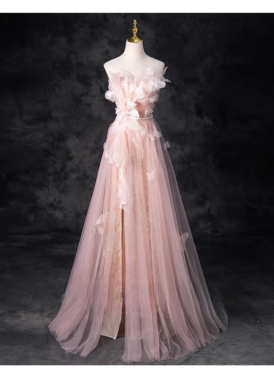 Vintage Pink Tulle Prom Dress A-Line Butterflies Evening Gown Off-the-shoulder Party Dress Long Formal Dress DP6923