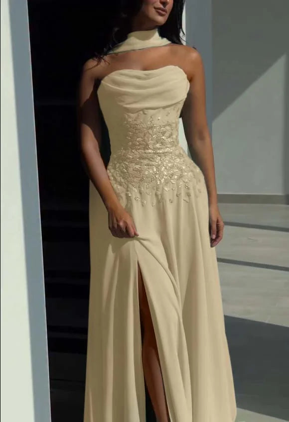 Robe de bal glamour en mousseline bustier brodée de paillettes avec fente haute Robe de soirée DP8216