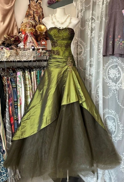 Vintage Olive Green Strapless Prom Dress Beaded Bodice Layered Tulle Evening Gown DP7912