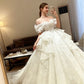 Vintage Off-the-Shoulder Sparkly Glitter Ruffle Tiered Long Train A-Line Wedding Dress DP8611