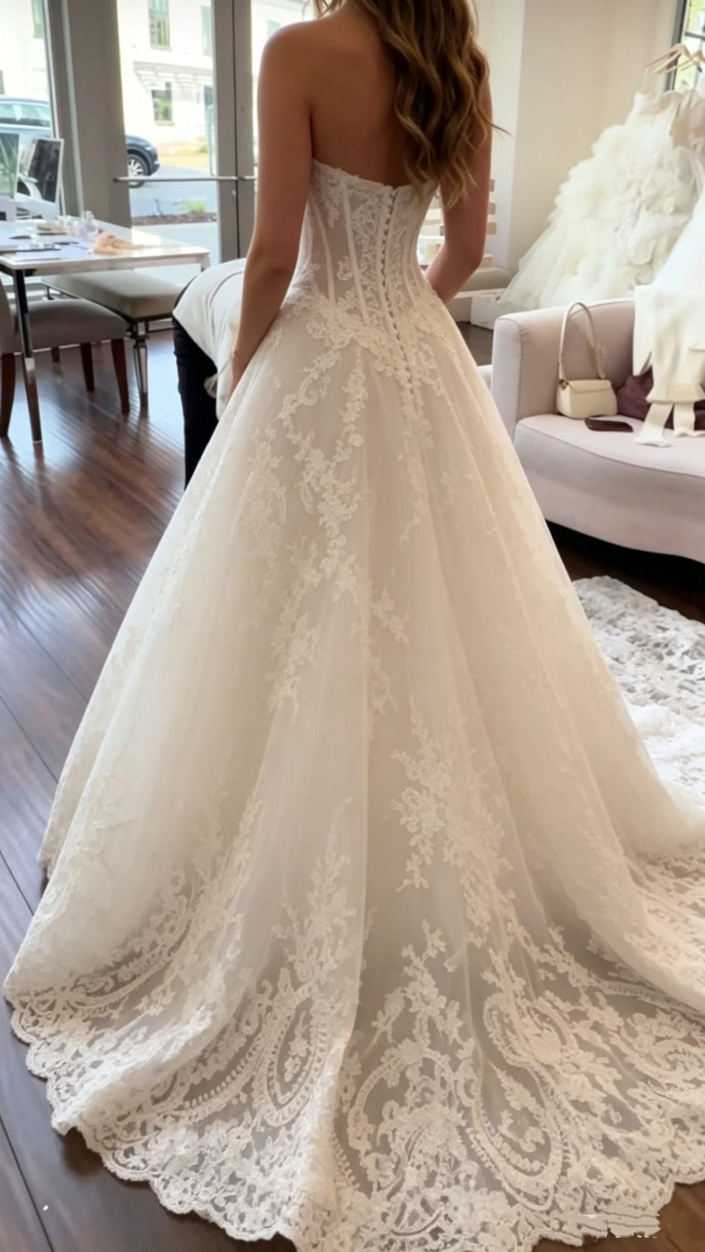 Romantisches trägerloses Spitzenkorsett Sweetheart A-Linien-Hochzeitskleid DP8435