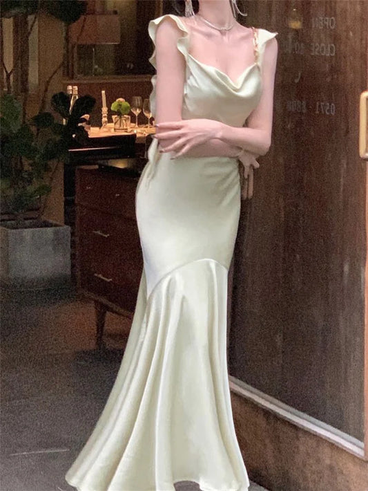 Vintage Salbeigrün Rüschen Meerjungfrau Satin Langes Ballkleid Partykleid Abendkleid DP6486
