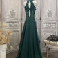 Elegant Emerald Green Sleeveless Lace Evening Gown Chiffon Train Prom Dress DP7603