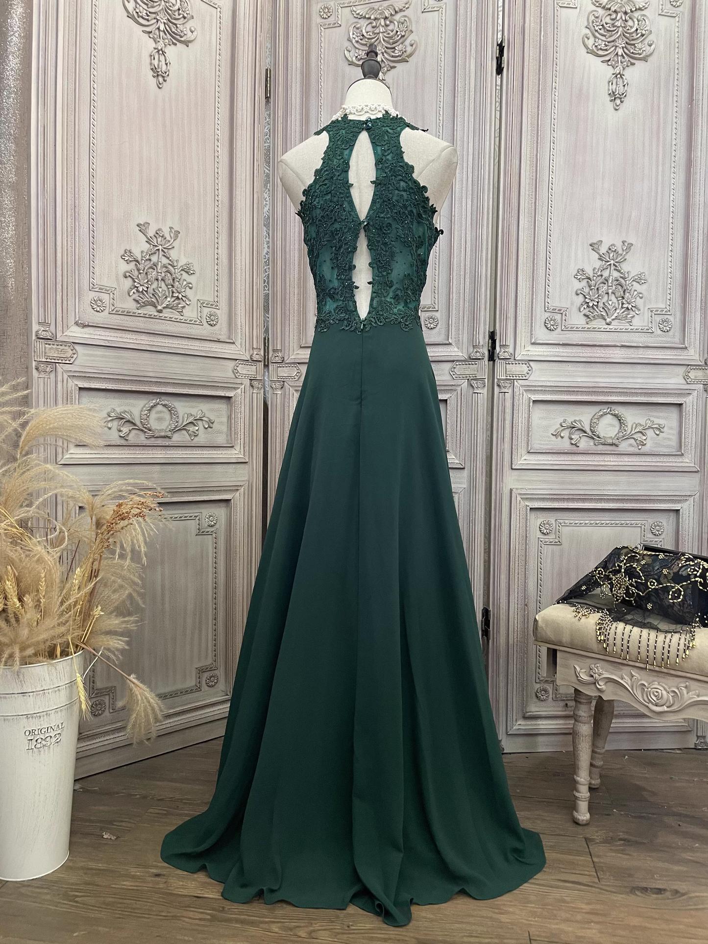 Elegant Emerald Green Sleeveless Lace Evening Gown Chiffon Train Prom Dress DP7603