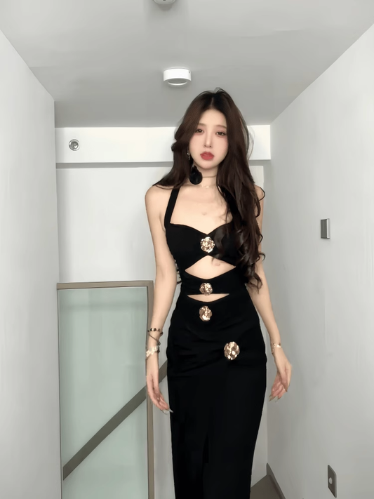 Elegant Black Halter-neck Rose Metal Button Prom Dress Sheath Evening Gown Party Dress Trailing Long Formal Dress DP6807