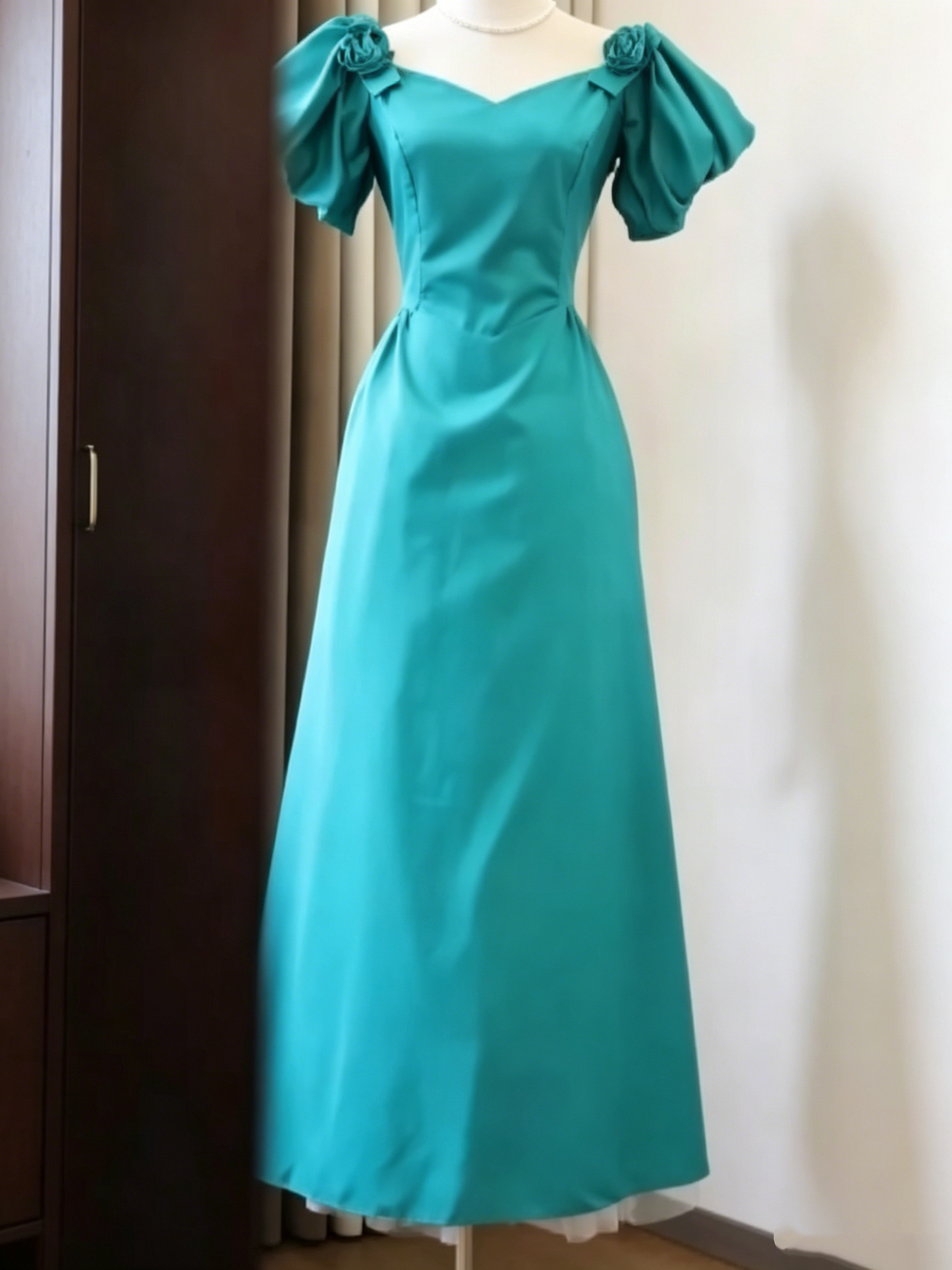Elegant Turquoise Puff Sleeve Sweetheart A-Line Evening Dress DP8382
