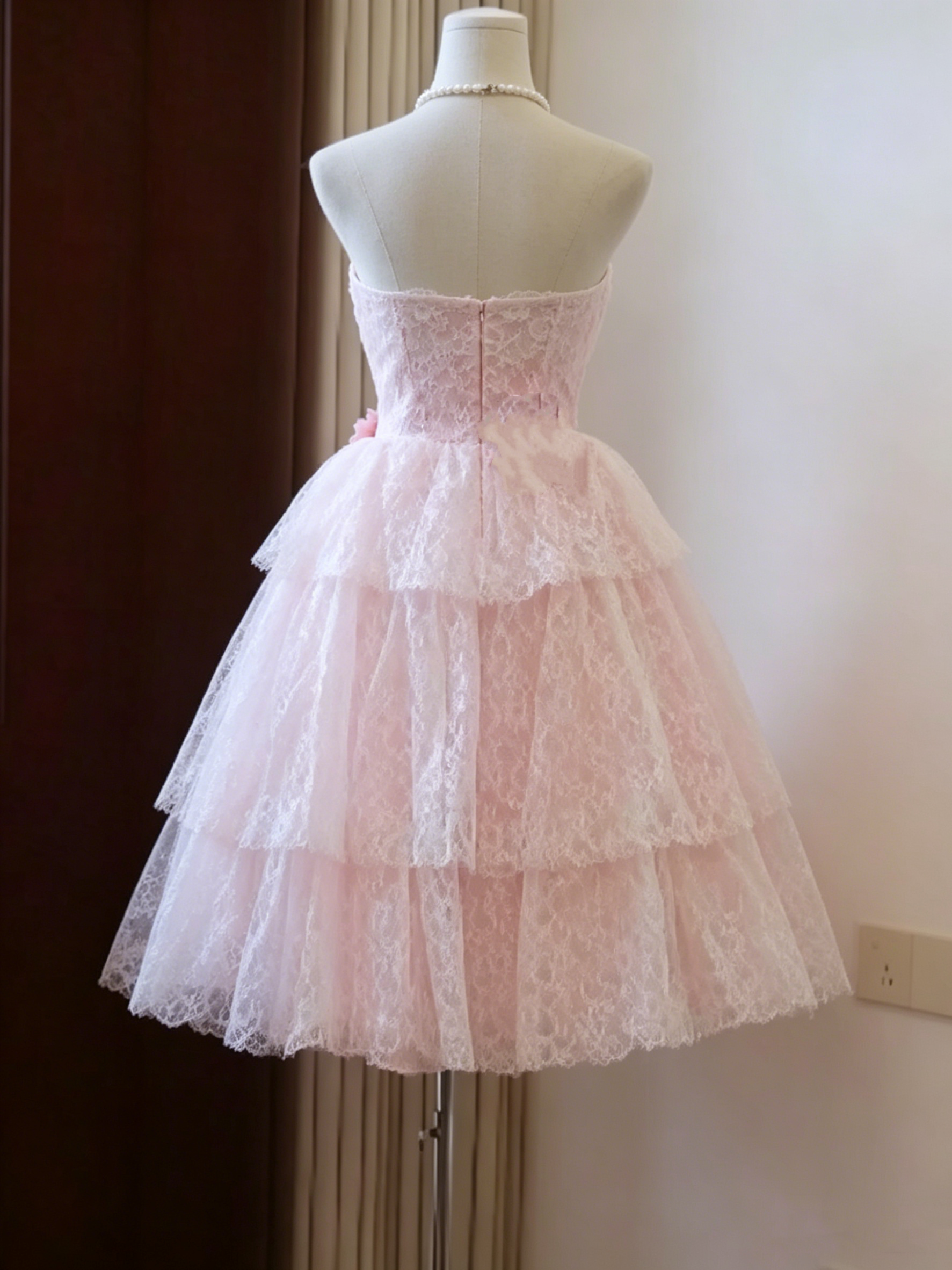 Vintage Pink Lace Tiered Strapless A-Line Homecoming Dress DP8375 DSProm Vintage Pink Lace Tiered Strapless A-Line Homecoming Dress DP8375 DSProm