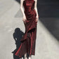 Vintage Burgundy Spaghetti Strap Ruffle Design Elegant A-line Evening Dress Prom Dress DP6130