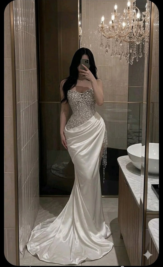 Glamorous Strapless Mermaid Satin Ruched Wedding Dress DP8427