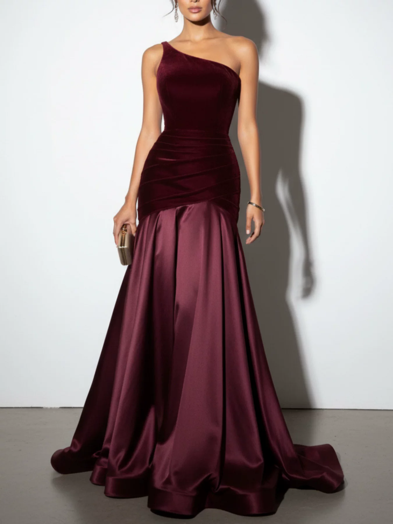 Elegant Burgundy One-Shoulder Velvet & Satin Mermaid Ruched Evening Gown DP8632