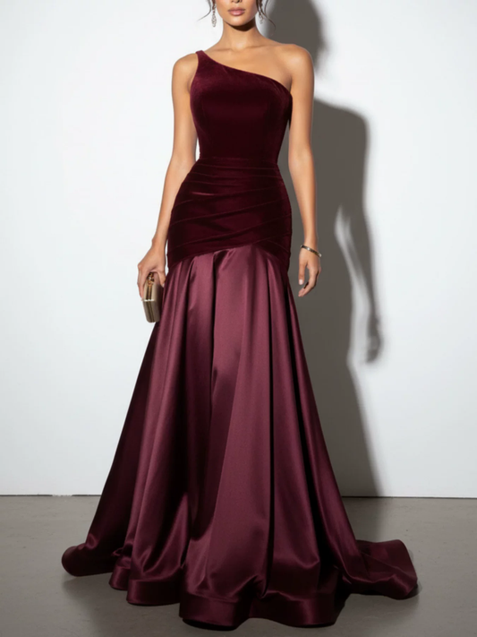 Élégante Robe de Soirée Sirène Froncée Asymétrique en Velours et Satin Bordeaux DP8632