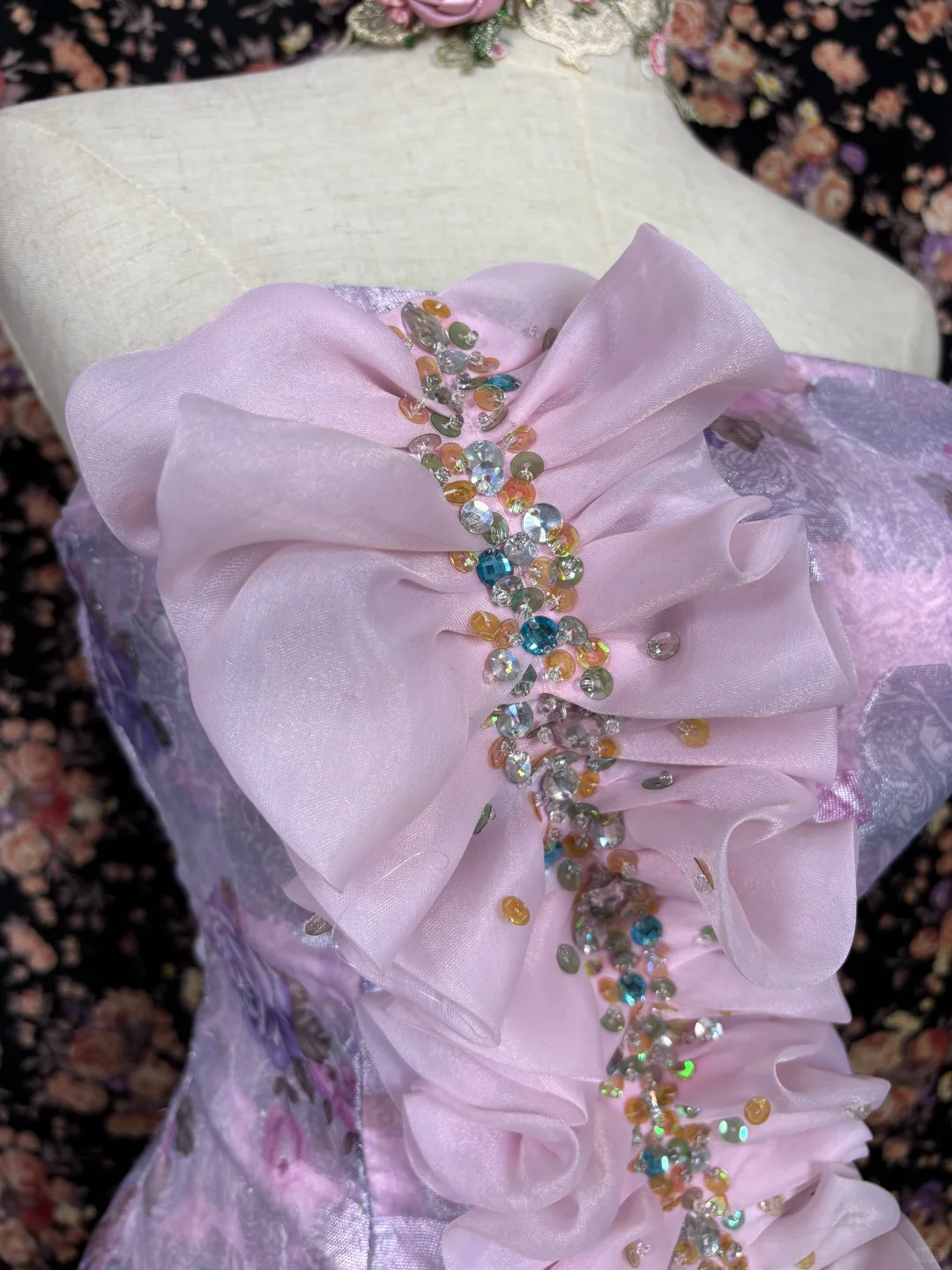 Vintage Pink Floral Strapless Ruffled Tulle 3D Rose Formal Evening Gown DP7349