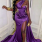 Elegant One-Shoulder Brown Satin Mermaid Prom Dress High Slit Beading Evening Gown EQ9647