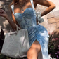 Glamorous Sweetheart Light Blue Floral Corset Midi Prom Dress Ruched Slit Evening Dress DP8102