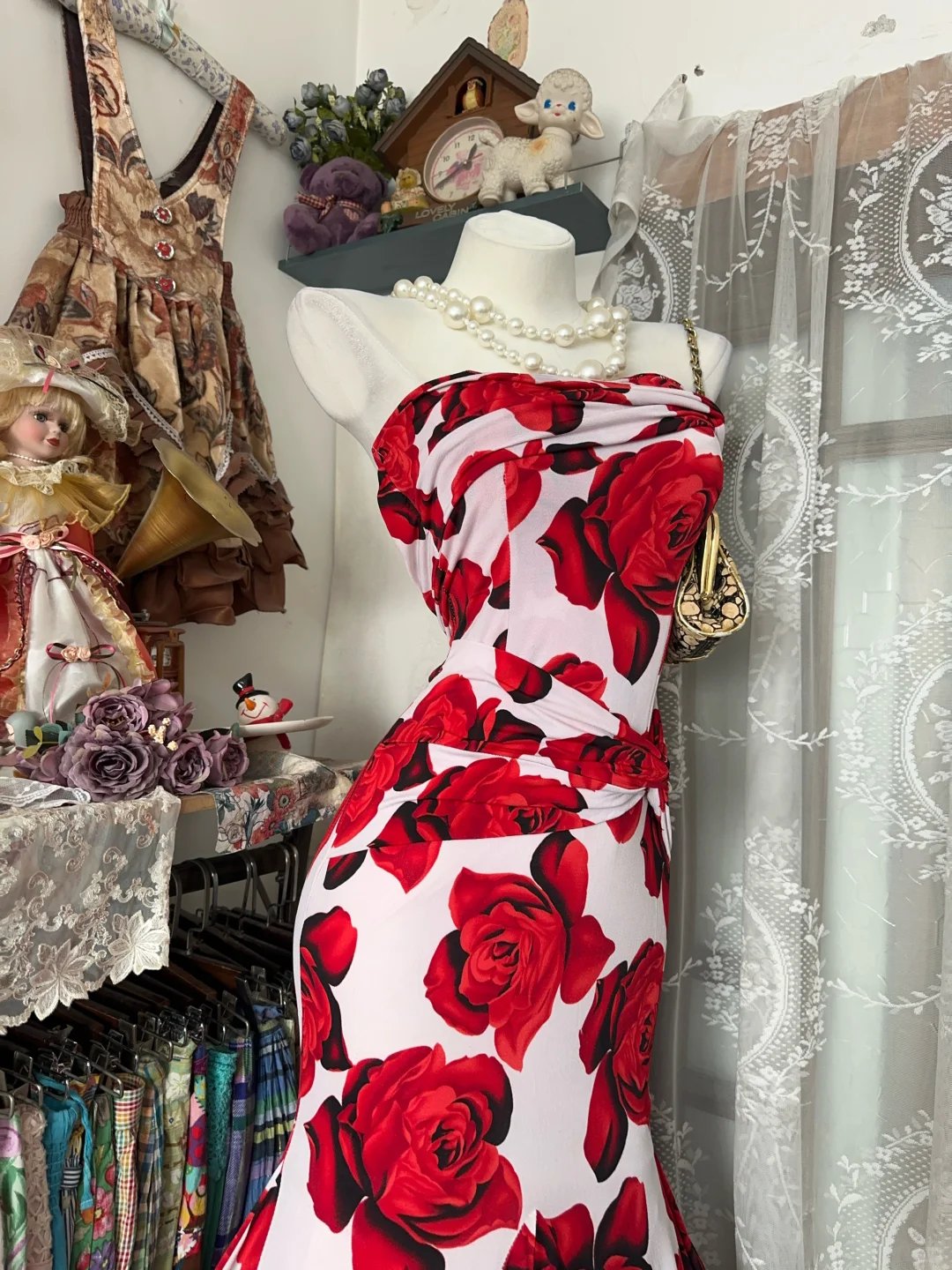 Vintage Red Rose Print Strapless Mermaid Maxi Dress DP8322