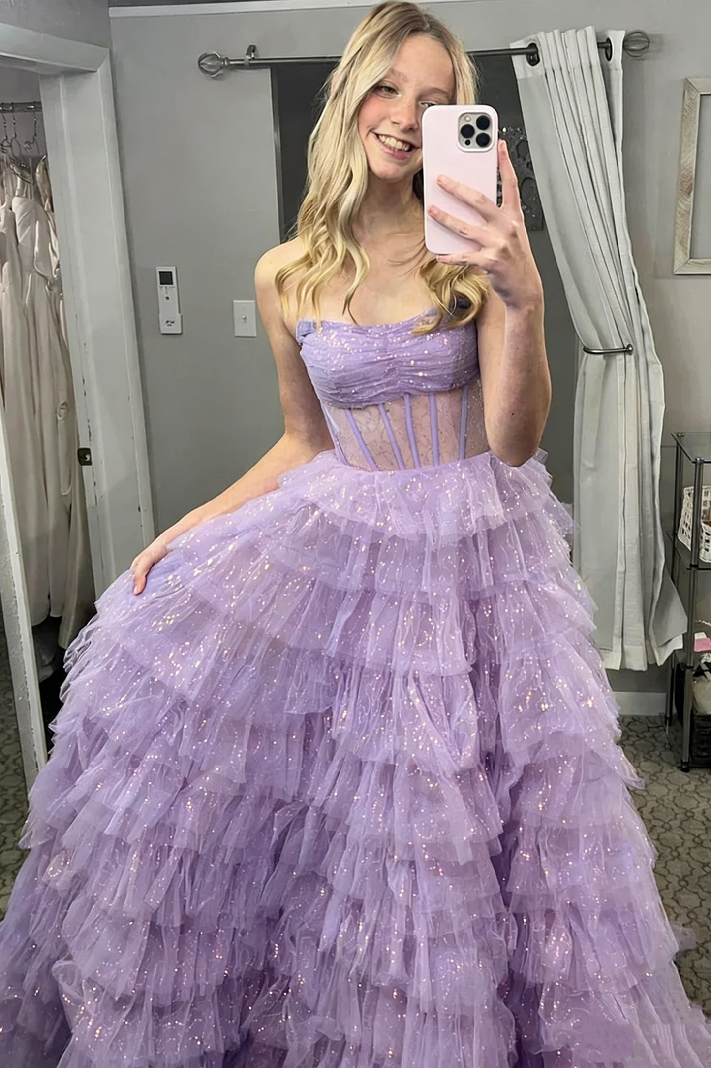 Cute Sequin Tiered Tulle Strapless Corset Prom Dress Evening Dress Ball Gown DP1392