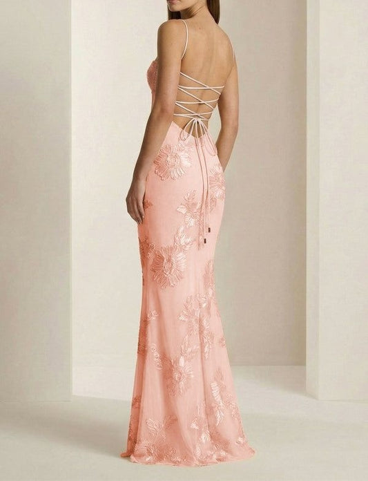 Elegant Spaghetti Strap Mermaid Floral Appliqué Prom Gown DP8178