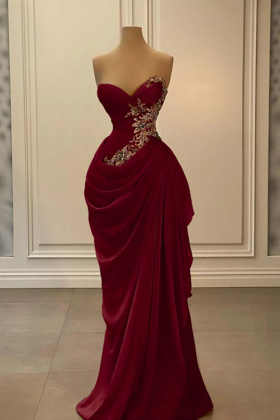 Vintage Burgundy Strapless Sheath Sweetheart Beaded Ruffled Satin Evening Gown DP7395