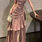 Glamorous Dusty Pink Spaghetti Strap Satin Ruched Tiered Ruffle Formal Evening Gown DP8202