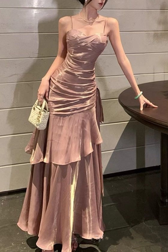 Glamorous Dusty Pink Spaghetti Strap Satin Ruched Tiered Ruffle Formal Evening Gown DP8202