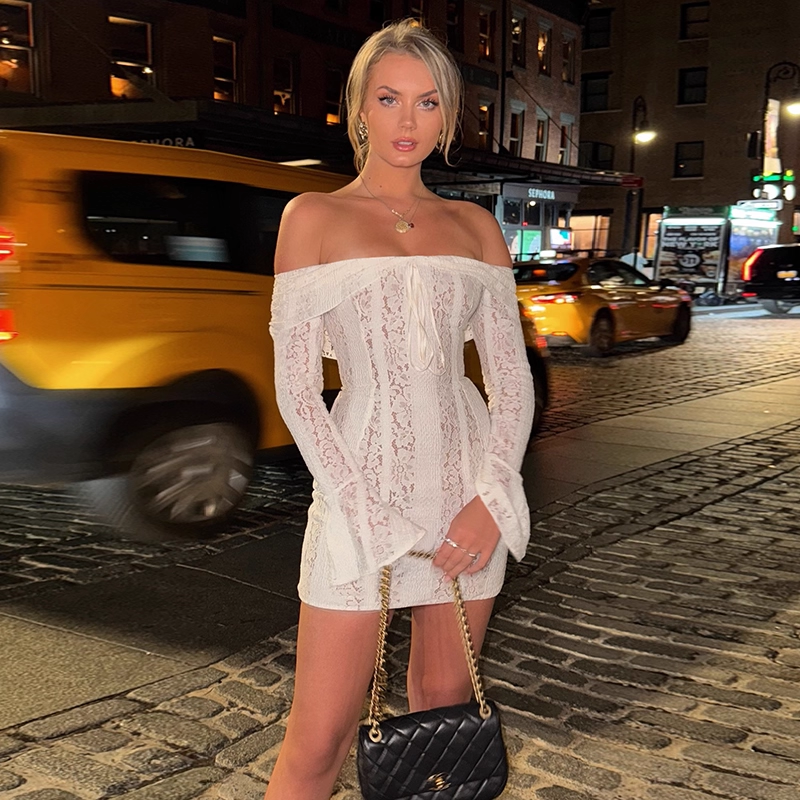 Vintage White Lace Off-the-shoulder Sheath Long-sleeved Short Summer Dresses Party Dress Homecoming Dress DP6394