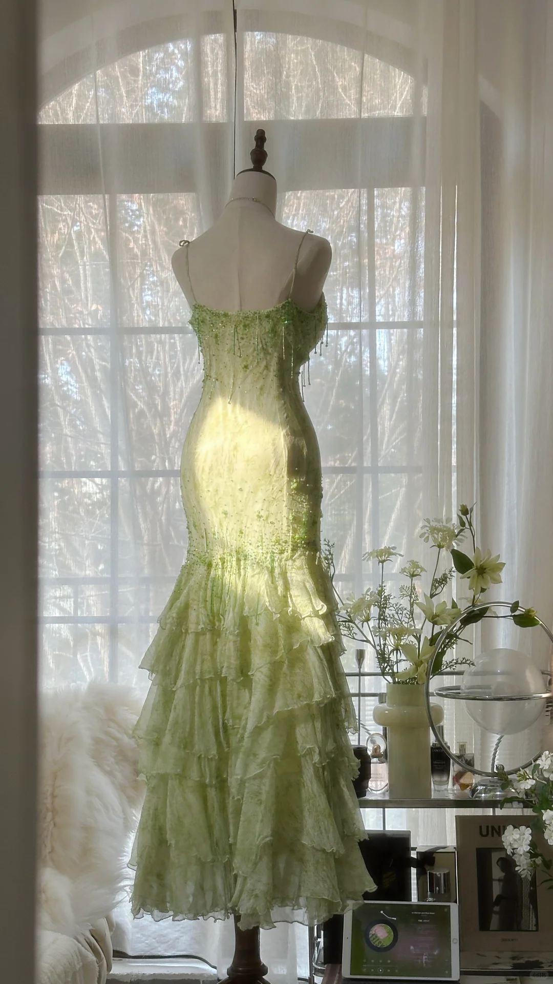 Elegant Green Fairy Mermaid Long Chiffon Spaghetti Strap Ball Gown Evening Dress Prom Dresses Dresses DP6001