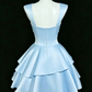 Vintage Light Blue Satin Square Neck Bow Tiered Ruffle A-Line Homecoming Dress DP8751