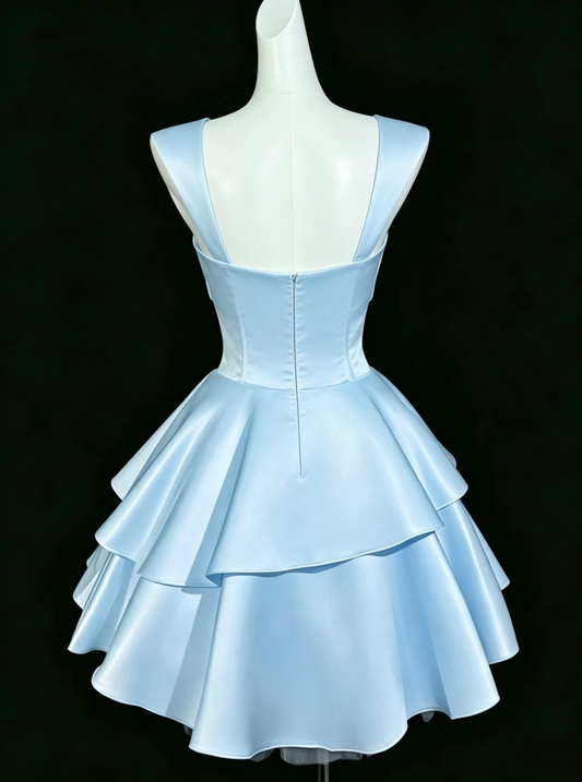 Vintage Light Blue Satin Square Neck Bow Tiered Ruffle A-Line Homecoming Dress DP8751