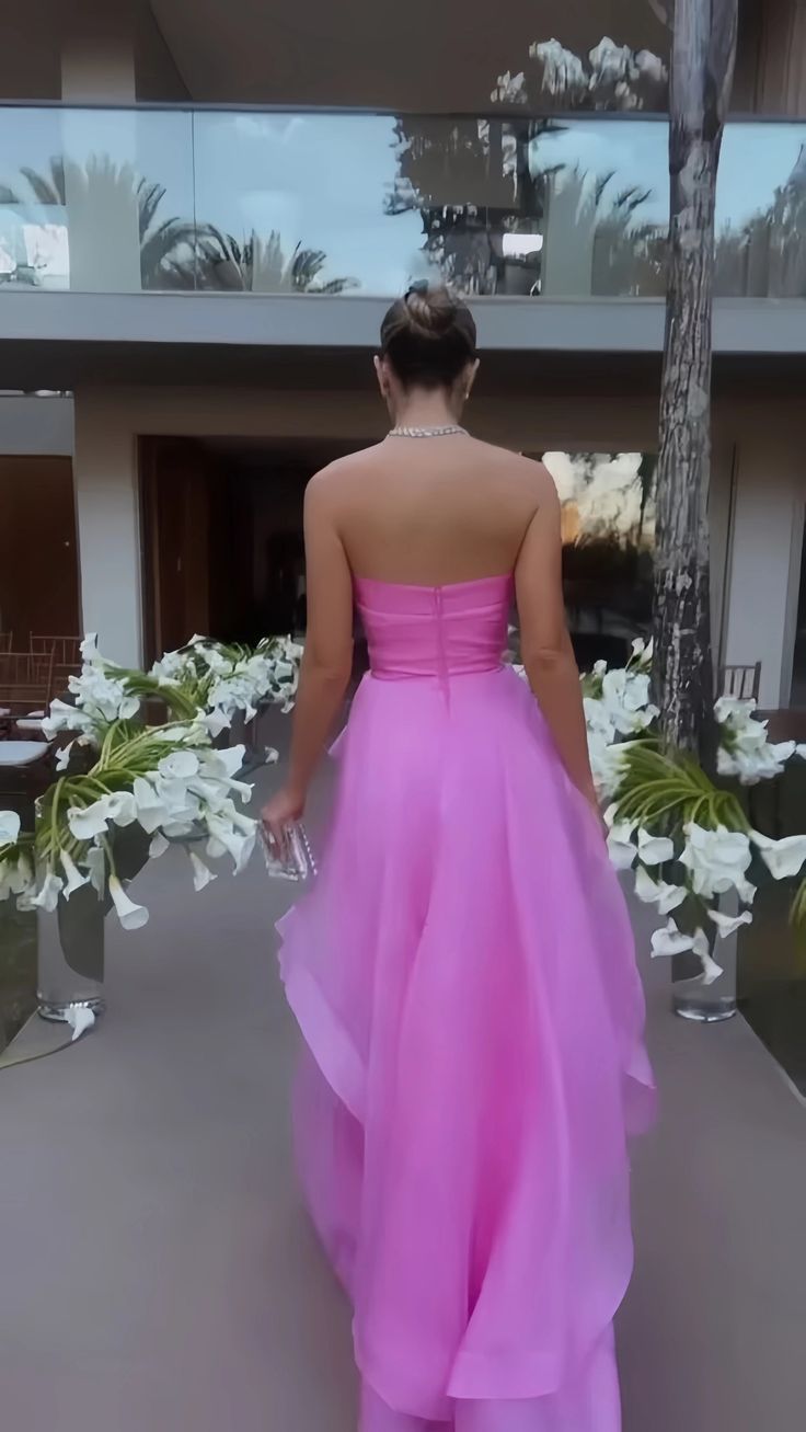 Elegant Strapless Pink Satin Bodice Organza Sweet 16 Quinceanera Ball Gown DP8273