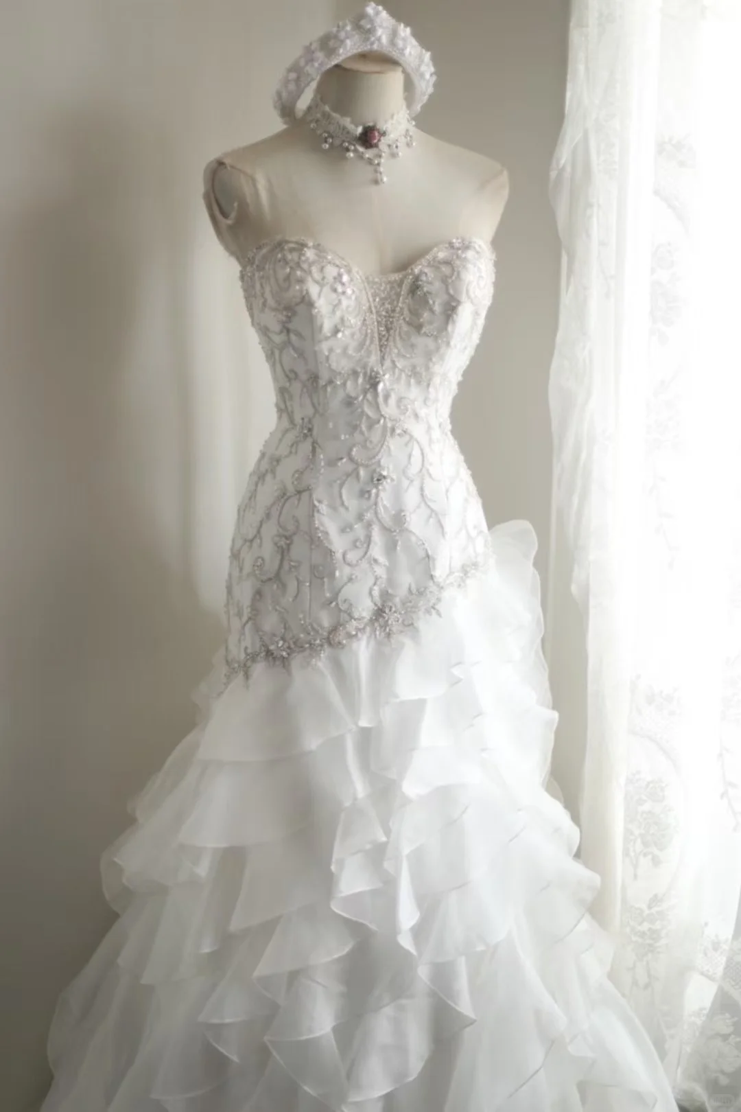 Vintage White Lace Strapless Ruffled Mermaid Embellished Bodice & Train Wedding Dress DP7653