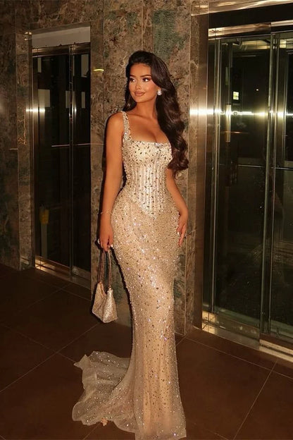 Glamorous Champagne Beaded Mermaid Straps Evening Gown DP8012