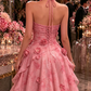 Robe de soirée glamour rose à fleurs 3D coupe trapèze à volants étagés et fines bretelles DP8405