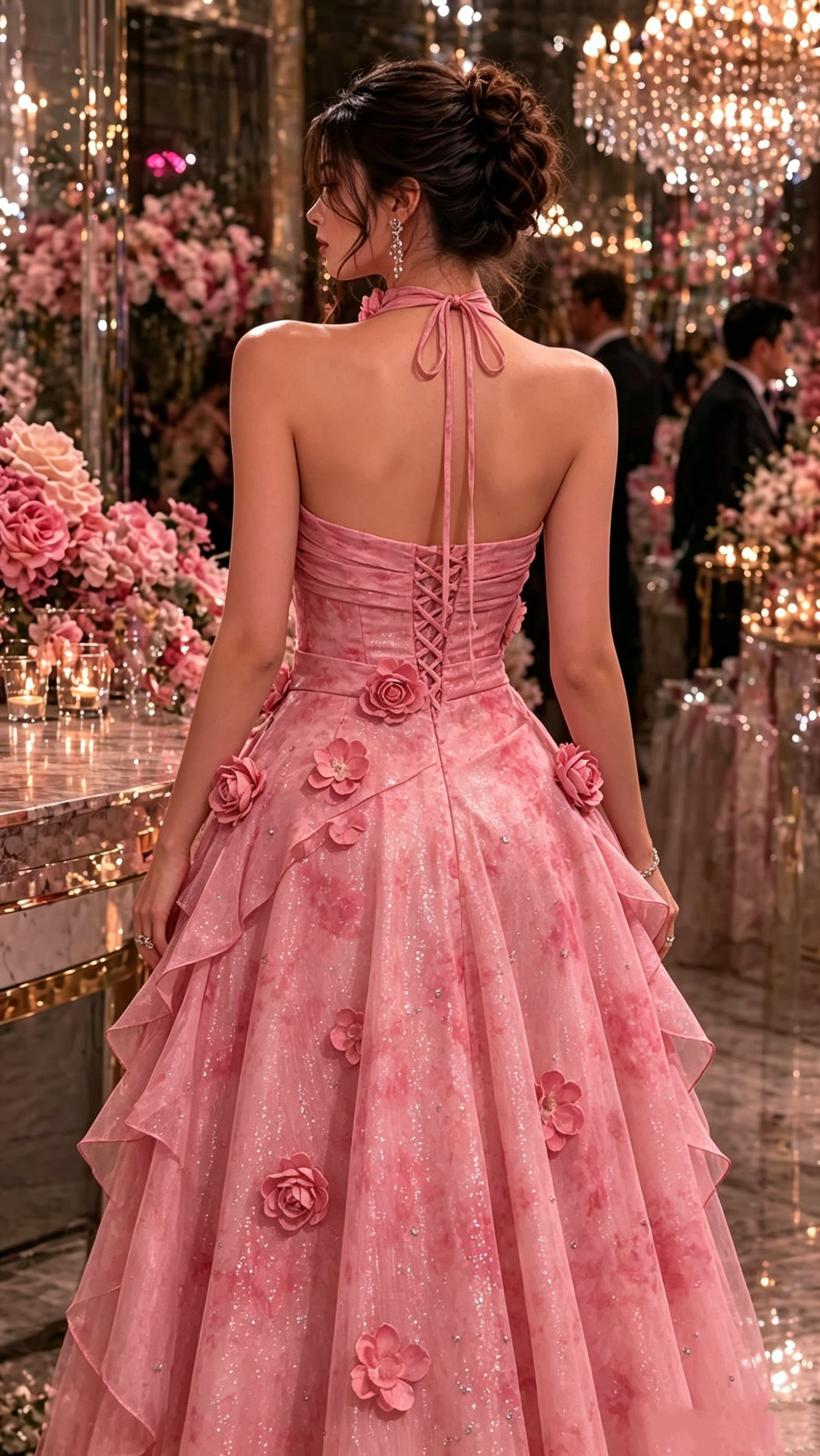 Robe de soirée glamour rose à fleurs 3D coupe trapèze à volants étagés et fines bretelles DP8405