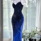 Vintage Navy Blue Glittering Beaded V-neck Mermaid Prom Dress Evening Dress DP6358
