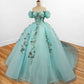 Glamorous Light Turquoise Off-Shoulder Beaded Applique Tulle Quinceañera Ball Gown DP7138