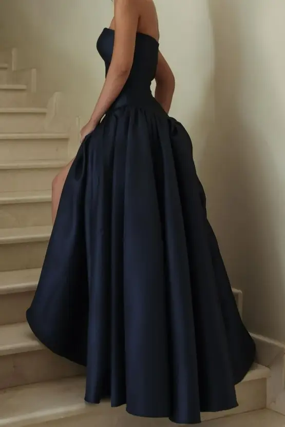 Navy Blue Strapless A-Line Satin Long Formal Party Dress, DP3653