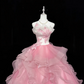 Elegant Pink Strapless Tulle Dress Lace Applique Bow Ruffled Prom Gown Sweet 15 Quinceanera Ball Gown DP8252