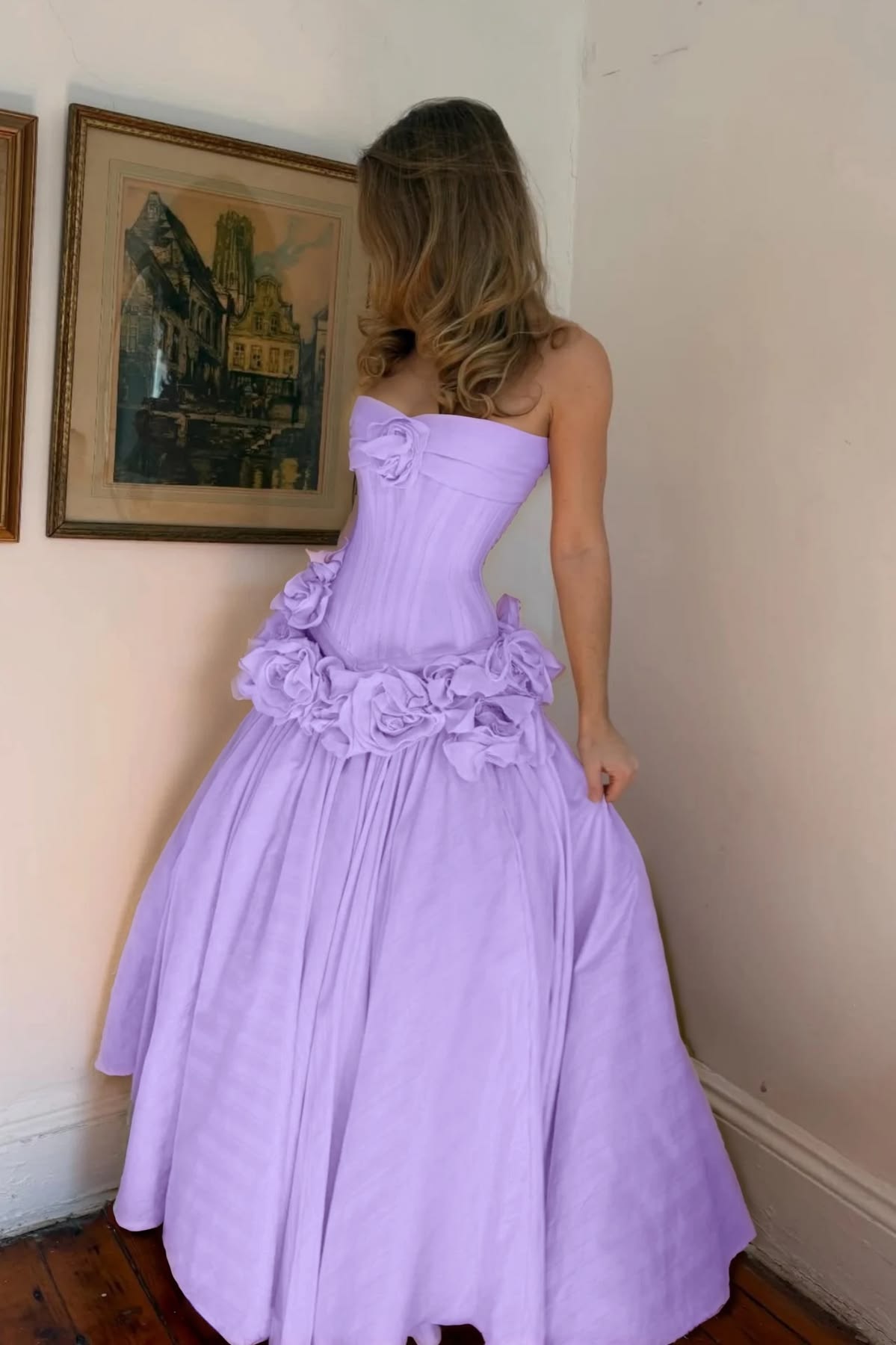 Elegant Lavender Strapless 3D Rose Floral Appliques Sweet 15 Quinceanera Ball Gown DP8703