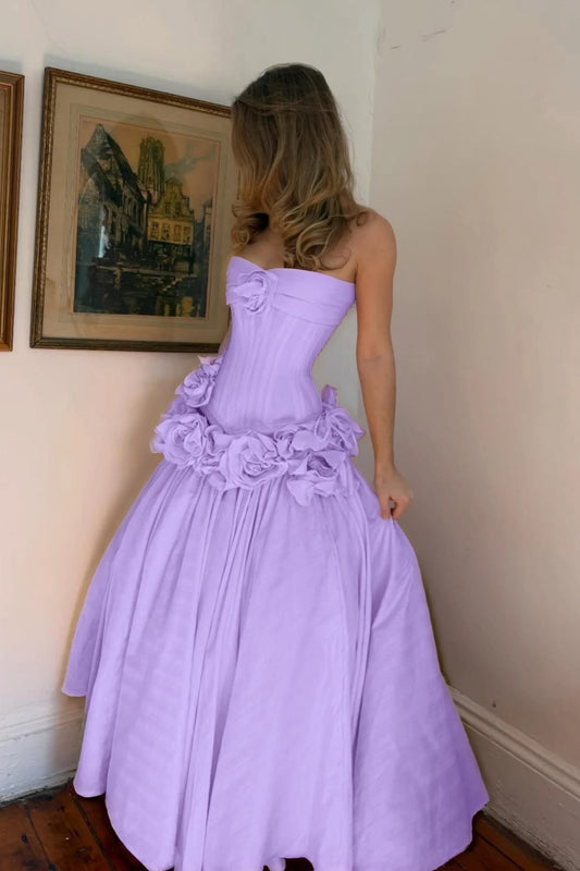 Elegant Lavender Strapless 3D Rose Floral Appliques Sweet 15 Quinceanera Ball Gown DP8703
