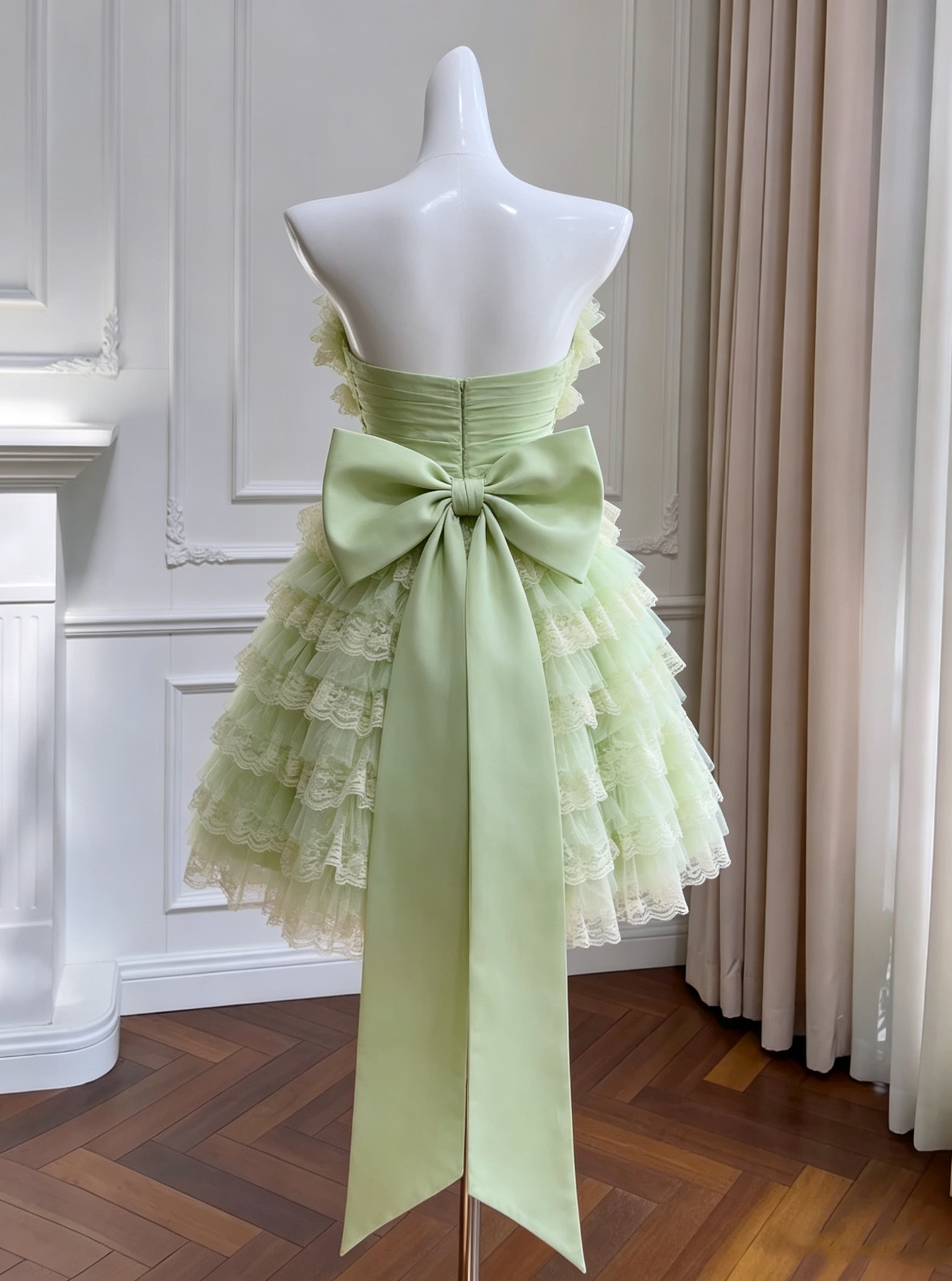 Vintage Strapless Light Green Lace Tiered Big Bow A-Line Homecoming Dress DP8823