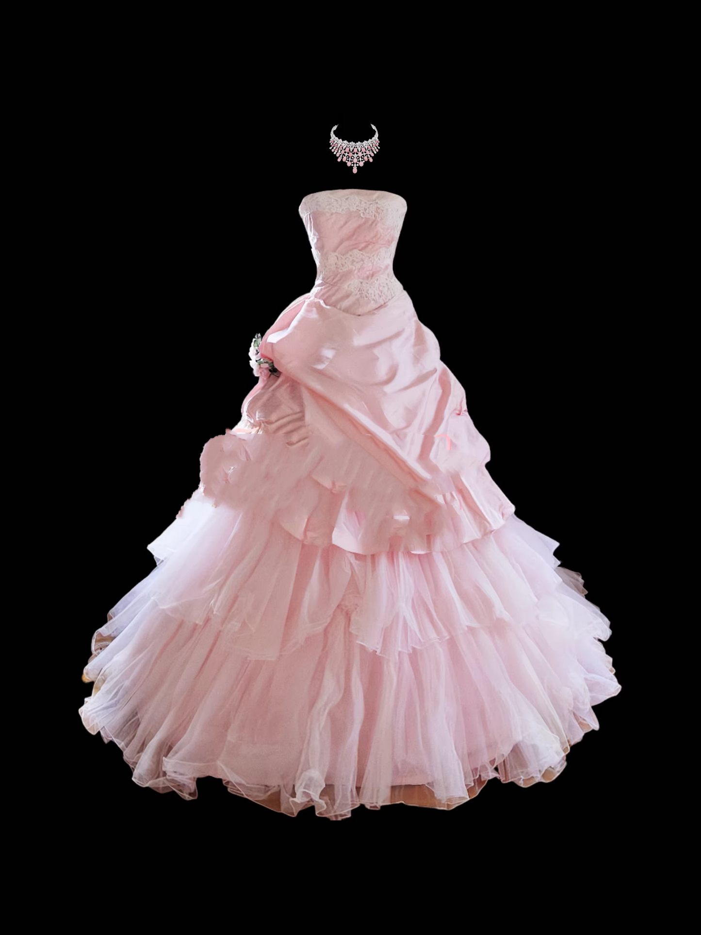 Elegantes, trägerloses, rosafarbenes Ballkleid mit Spitzenapplikationen, Satin- und Tüllbesatz für Sweet 15 Quinceañera DP7772