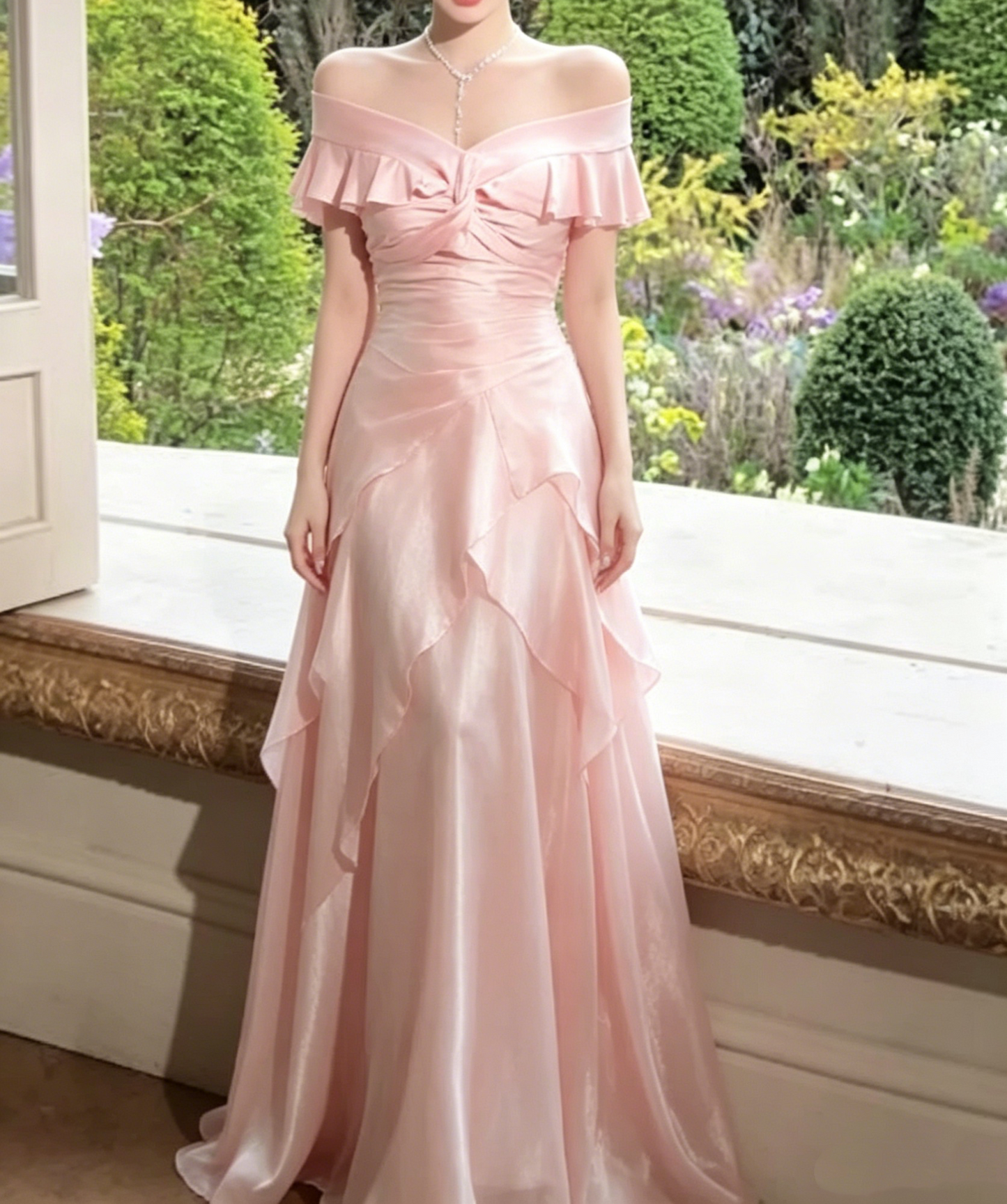 Elegantes pinkfarbenes, schulterfreies Satin-Rüschen-Oberteil A-Linien-Brautjungfernkleid DP8369