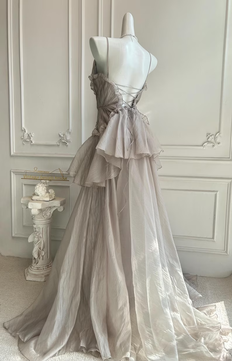 Elegant Ruffled Layered V-Neck Beaded Tiered Evening Dress DP8398
