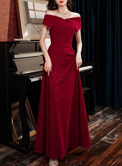 Elegant Burgundy Off-the-Shoulder Sparkly Long Evening Dress A-Line Floor Length Prom Dress DP8827