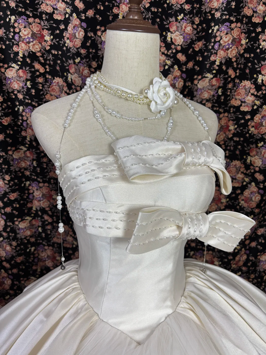 Robe de mariée bustier d'inspiration vintage, romantique, en satin, nœuds surdimensionnés et tulle, DP7066