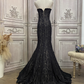 Vintage Black Strapless Mermaid Lace Evening Gown Sheer Floral Embroidery Formal Prom Dress DP7593